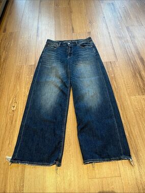 American Eagle Outfitters Dark Blue Wide-Leg Frayed Hem Jeans